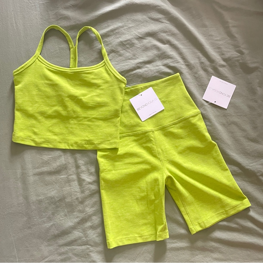 Beyond Yoga Neon Green Bike Shorts Set